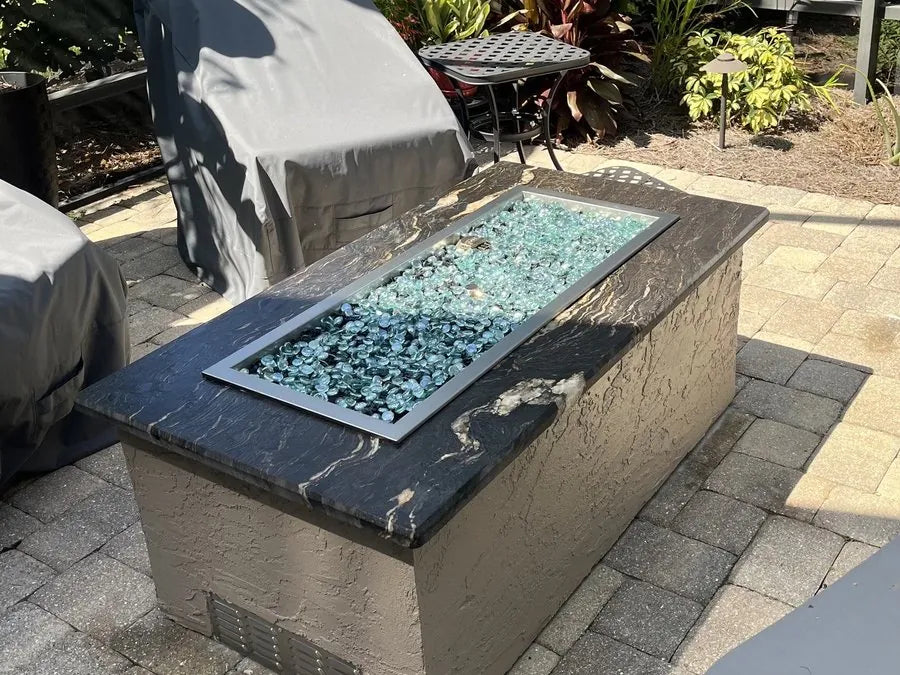 Linear burner fire table in black granite