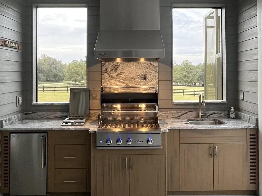 Woodgrain run with vent hood, side burner and sink