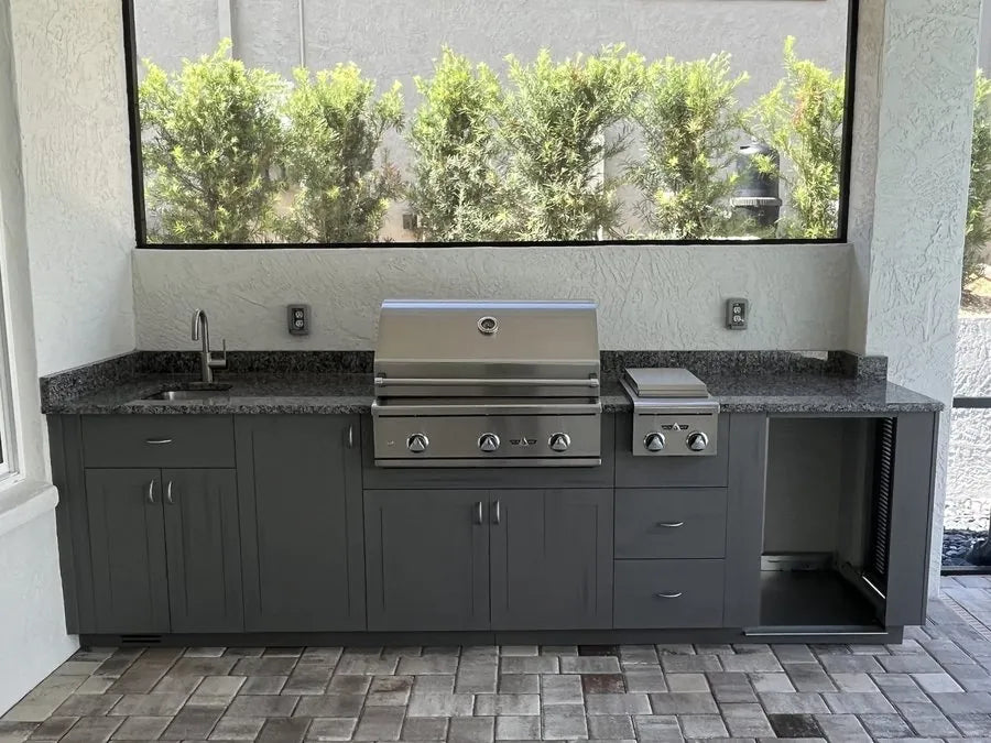 Charcoal run with side burners and open appliance bay