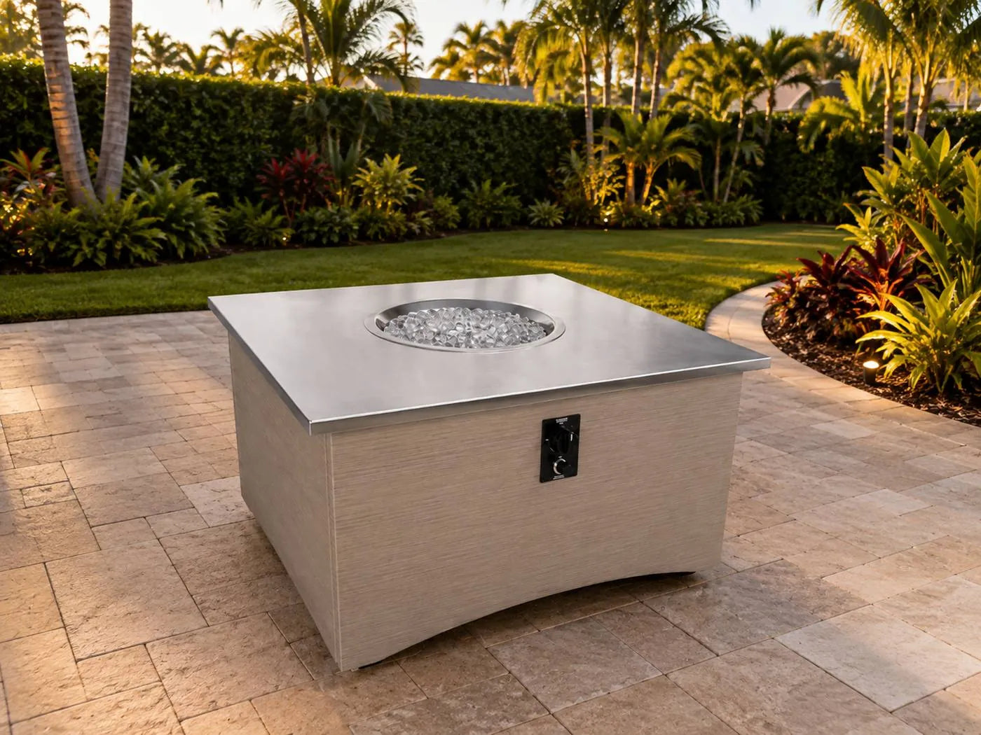A matching fire table completes the outdoor room