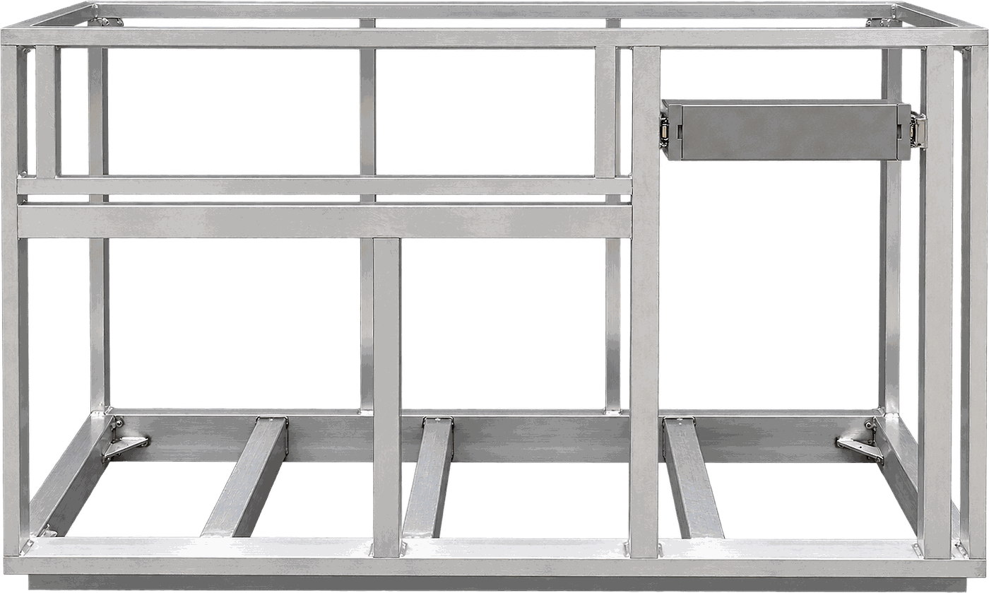 A bare welded aluminum Fire Islands cabinet frame, before the doors and countertop go on