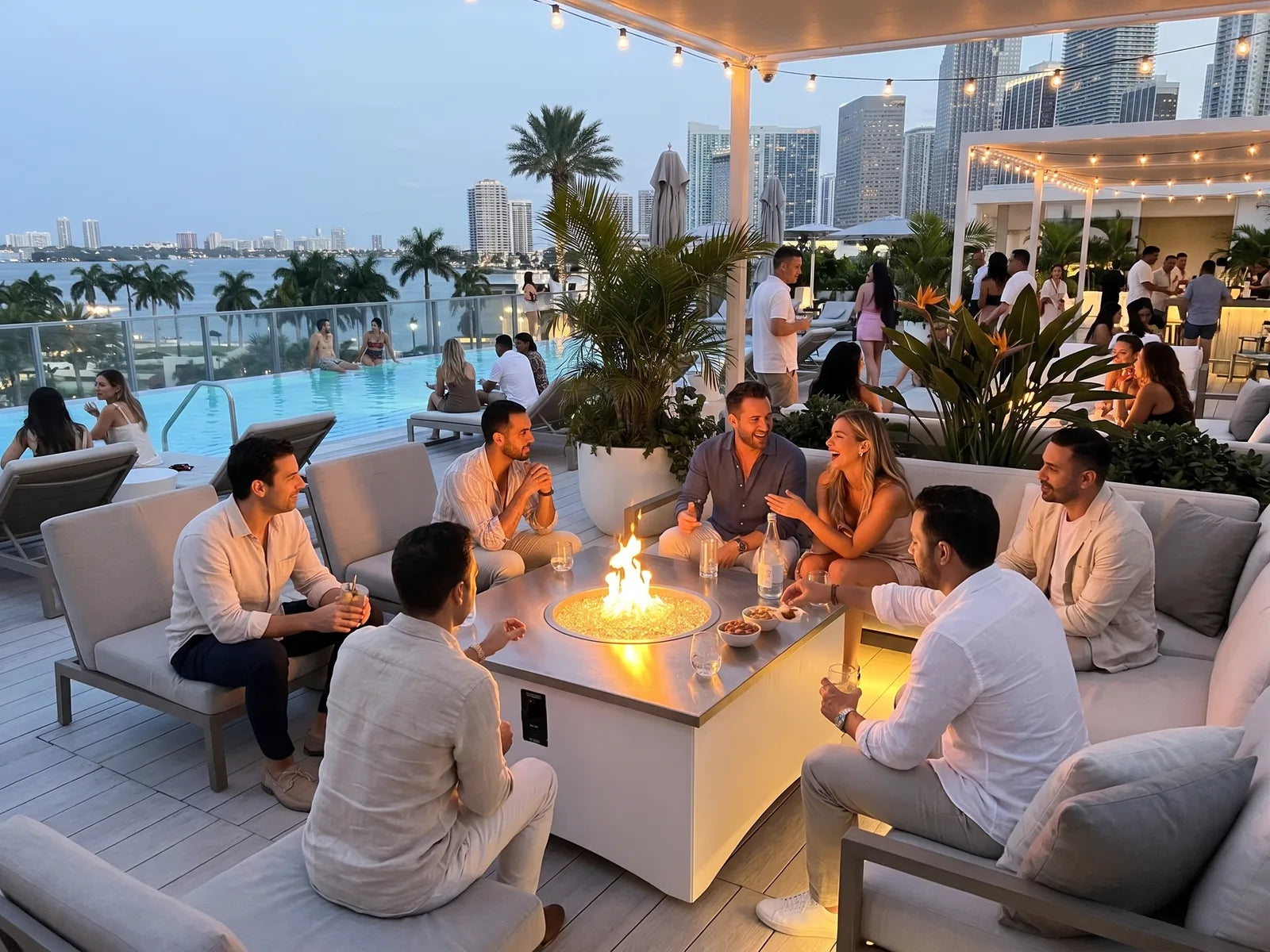 Visualisation of a Fire Islands 42 inch square fire table with a 20 inch round burner, white polymer panels and a grey powder coated top, on a hotel pool terrace at dusk