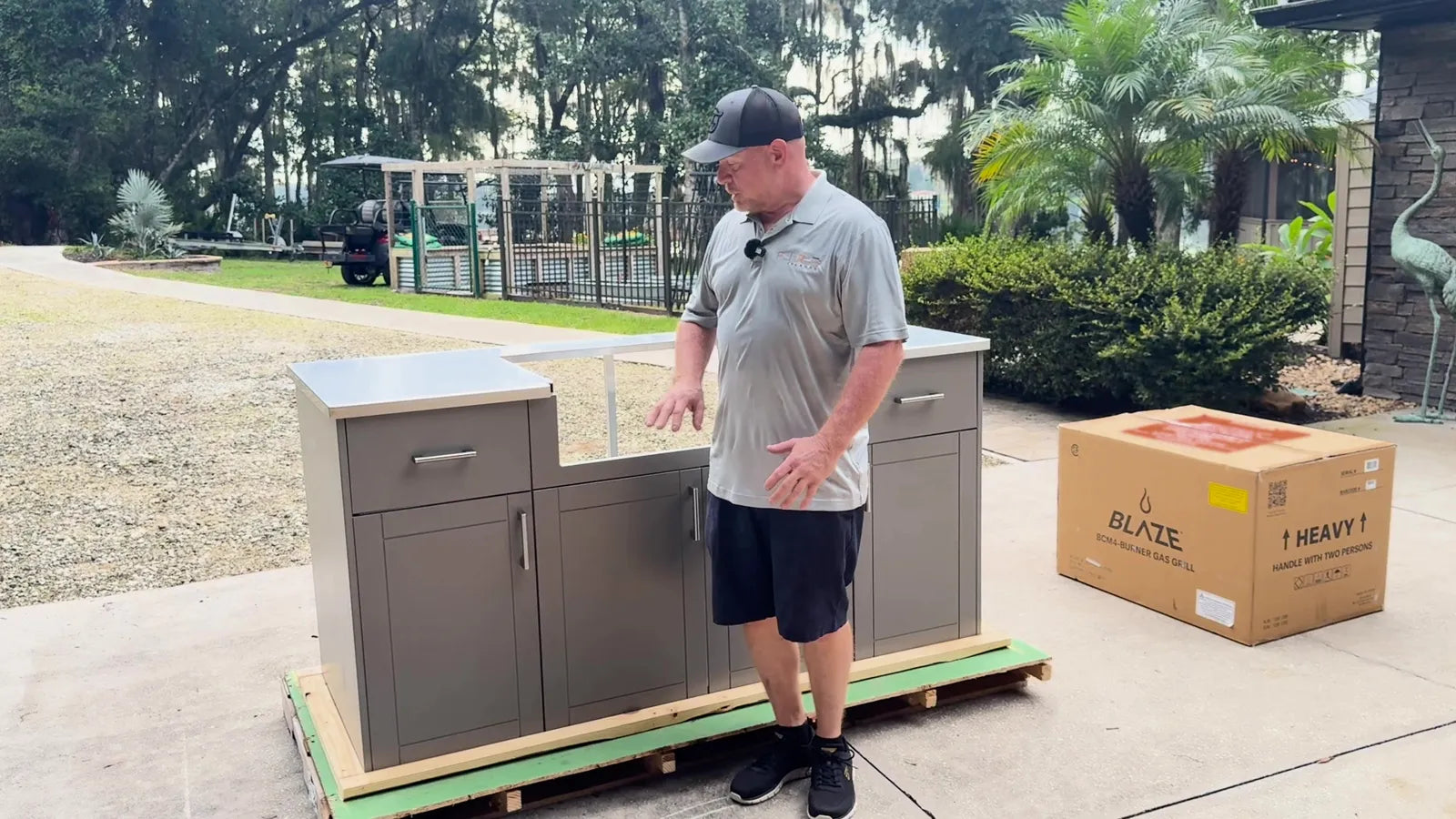 A fully built Fire Islands cabinet just out of its crate, with the Blaze grill box beside it